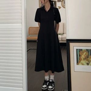 DUSHU Office Lady Simple Fashion POLO Collar Long Dress Casual All-match Black